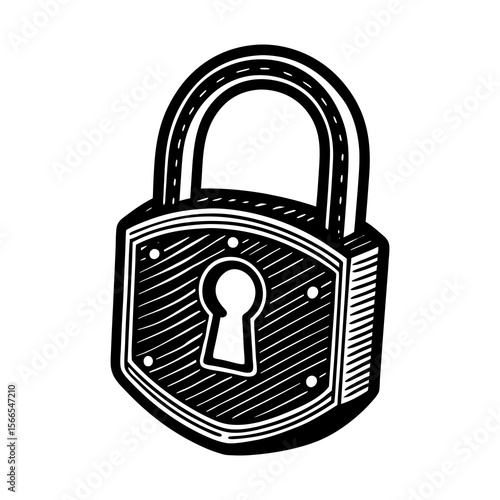 Vintage style black and white illustration of a classic padlock with a keyhole and a secure locking mechanism
