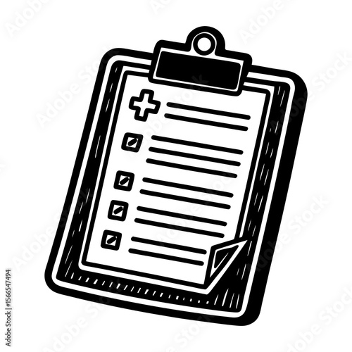 Hand drawn black and white illustration of a medical clipboard with a checklist and a plus sign symbol representing healthcare