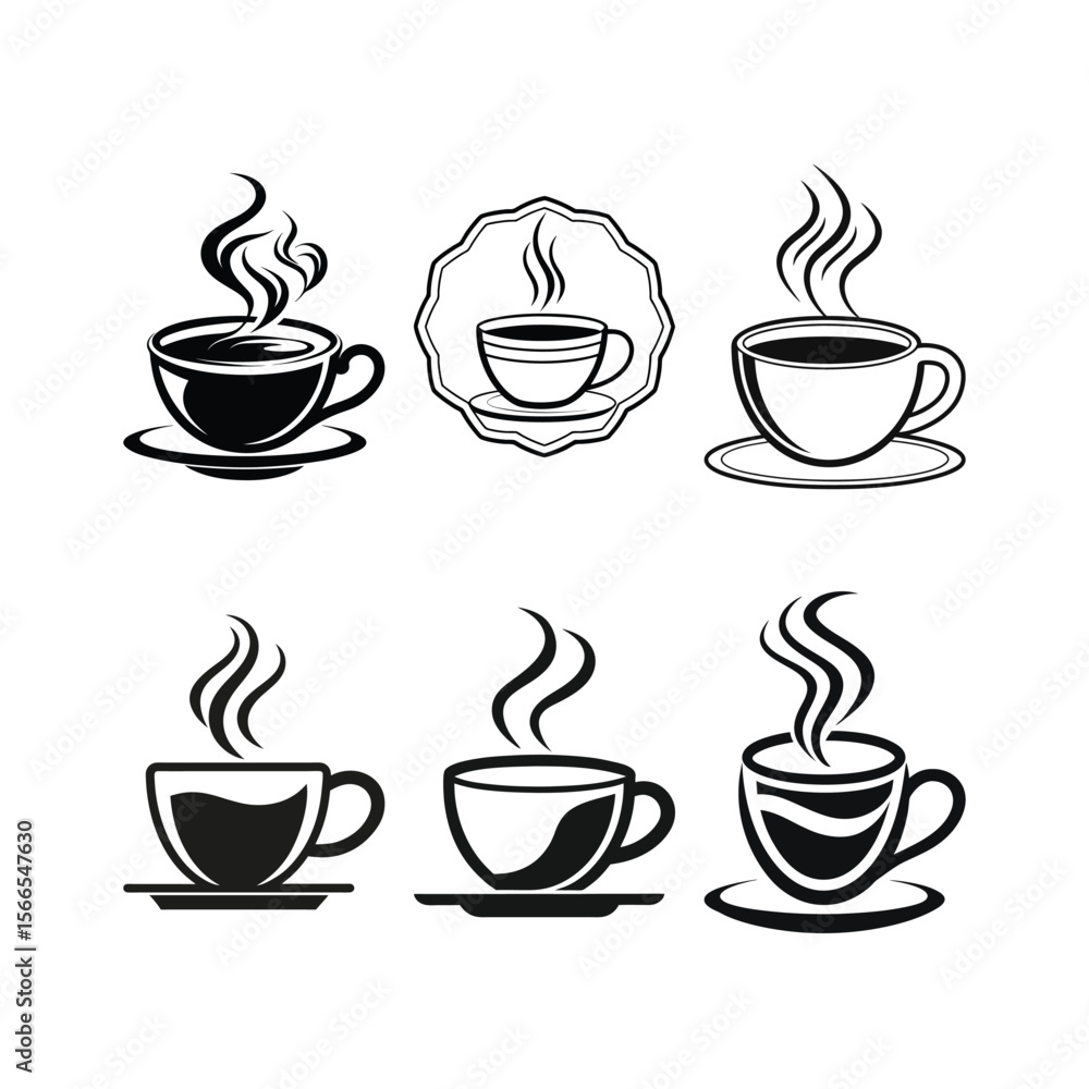 Obraz premium Coffee Cup Icons Set with Steaming Hot Drink in Black and White