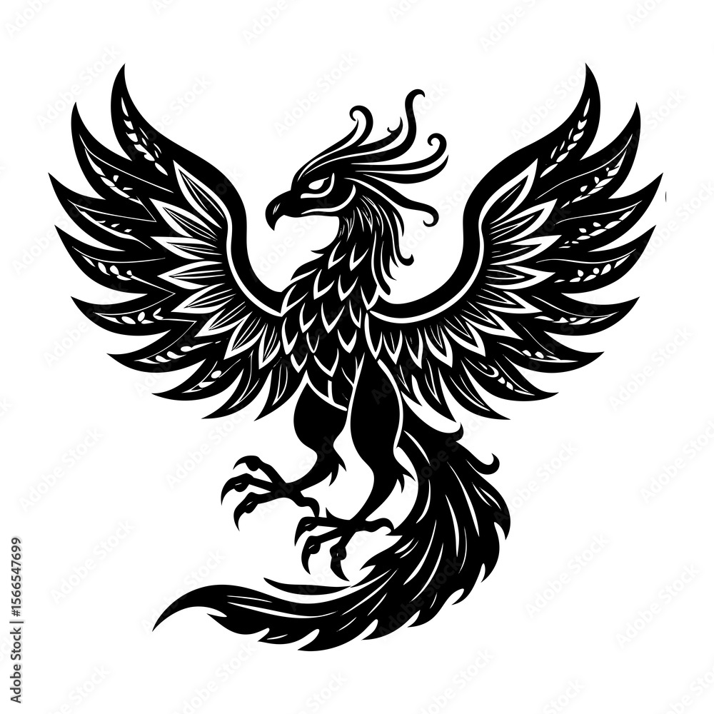 Fototapeta premium Majestic black phoenix with outstretched wings and ornate feather details in a stylized silhouette against a white background