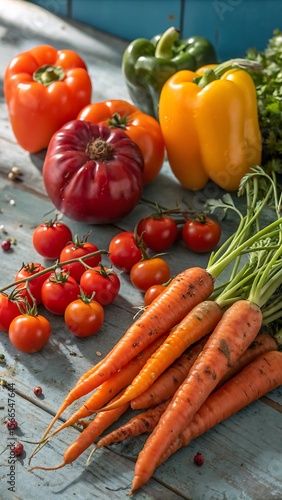 Vibrant and colorful assortment of fresh vegetables displayed on a rustic blue wooden surface.