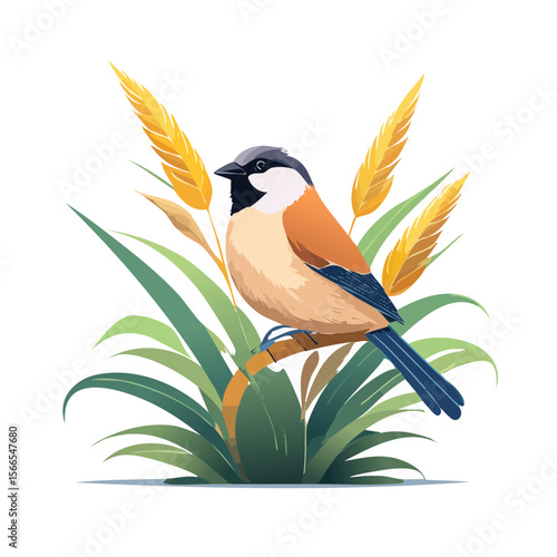 Elegant vector illustration of a white-cheeked tit perched on reeds