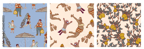 City weekend life, silhouettes of many people in the pool. Summer set of three patterns with men, children and women of different ages. Family vacation resort in the water under the sun illustration