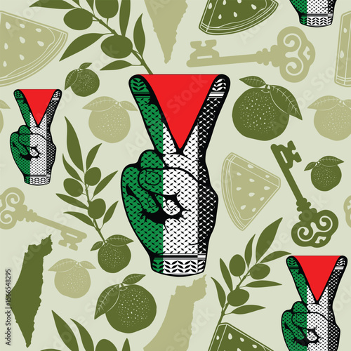 Victory Sign Hand Palestinian Resistance Symbol and keffiyeh Pattern Composing a Repeat Seamless Pattern

