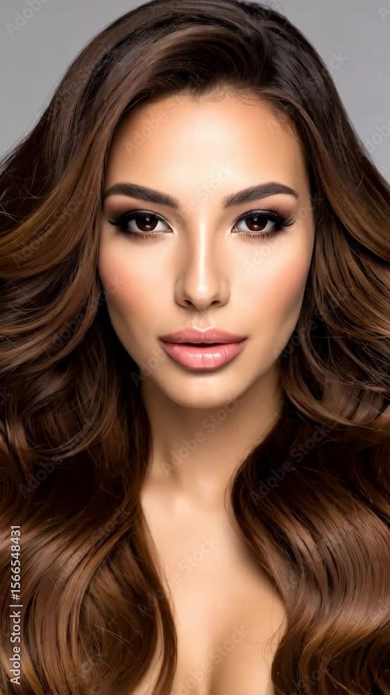 Close-up portrait of a beautiful woman with long flowing brunette hair and perfect makeup against a neutral background. Close-up portrait of a beautiful woman with long flowing brunette hair and perfect makeup against a neutral background.