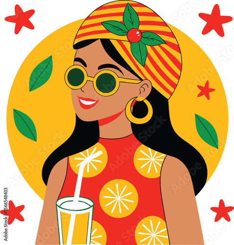 Stylized illustration of a smiling woman wearing a striped headscarf and sunglasses holding a drink with citrus slices surrounded by stars and leaves isolated on transparent background