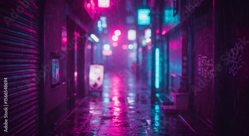 Cyberpunk Alleyway: Neon Lights Reflecting on Wet Pavement in the Rain