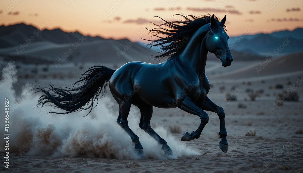 Dynamic Powerful Black Horse Galloping in Desert Landscape during Sunset Dynamic Powerful Black Horse Galloping in Desert Landscape during Sunset