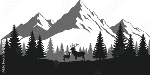  Monochromatic mountain landscape with towering evergreen pine forest and majestic deer silhouettes, embodying serene wilderness, wild nature, and inspiring outdoor adventure scenery.