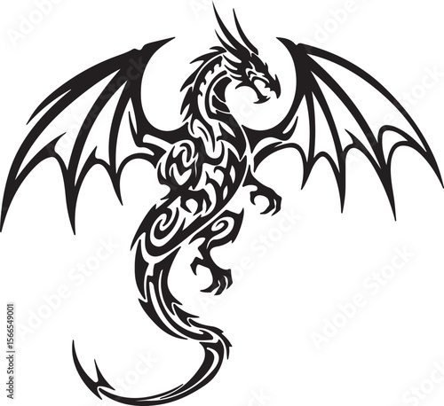 Minimalist tribal dragon tattoo, powerful stance with open wings, thick black lines, abstract tail spiraling, modern tattoo style Adobe Illustrator Artwork