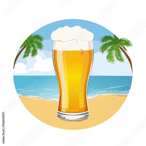 Refreshing Beer Glass at Beach with Palm Trees and Ocean View