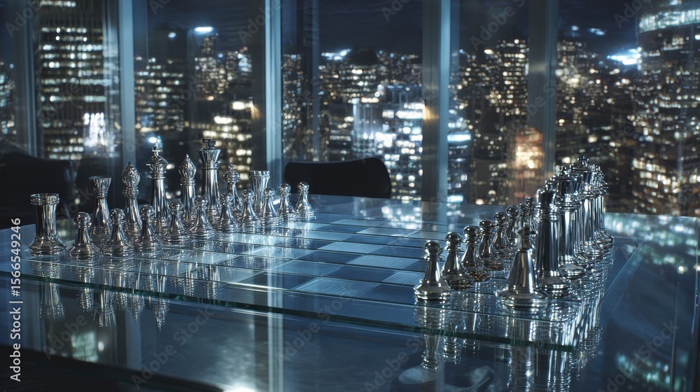 Obraz premium Illuminated Chess Set On Glass Tabletop In Modern Boardroom At Night