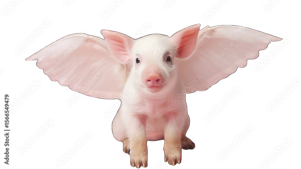 custom made wallpaper toronto digitalA cute, small, pink piglet with large white wings sits against a black background. The piglet has a round face and bright eyes, exuding a whimsical charm.