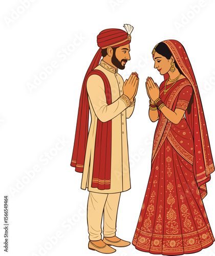 Traditional Indian Wedding Couple Namaste Pose Illustration