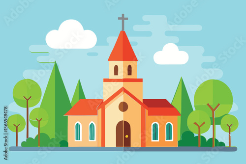 Charming Flat Design Church Illustration with Cross and Trees