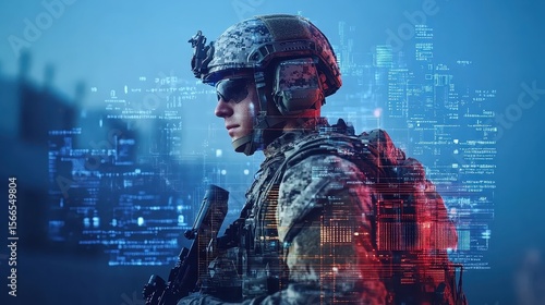 Soldier with Helmet Against Digital Technology Background