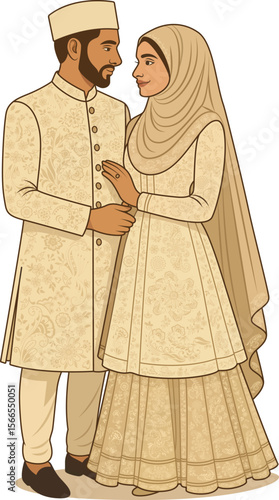 Elegant Muslim Wedding Couple in Cream Traditional Attire Nikah Ceremony Illustration
