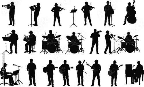 Vector silhouettes of diverse musicians playing various instruments including trumpets, violins, guitars, pianos, and drums, creating a comprehensive collection for music-themed designs and projects.