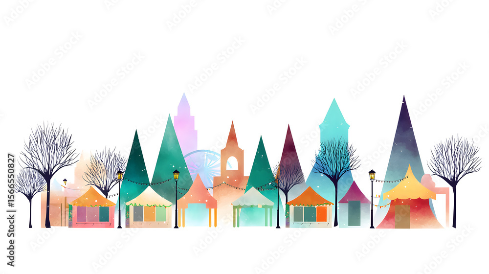 Obraz premium Watercolor Drawing of an outdoor Christmas market. Plain white background