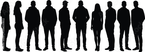 Collection of diverse standing adult people silhouettes, including both men and women, isolated on a stark white background, representing a generic crowd or group.