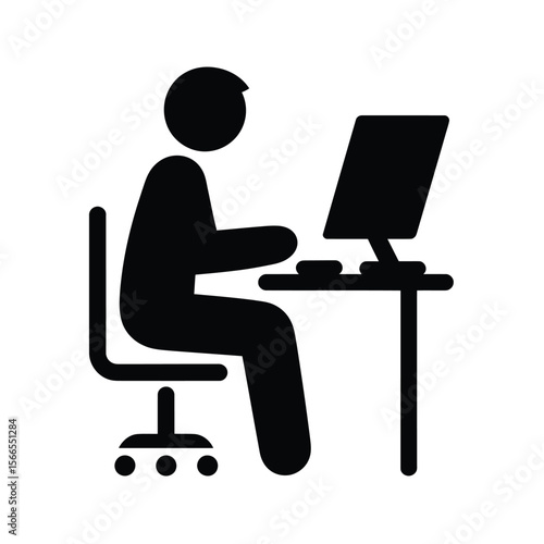 A minimalist black and white icon illustration of a person sitting at a desk working on a computer