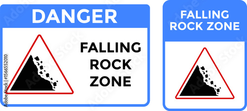 Danger Falling Rock Zone Sign. Danger Sign. Warning road sign falling stones. Yellow triangle signs. Road sign Caution landslide
