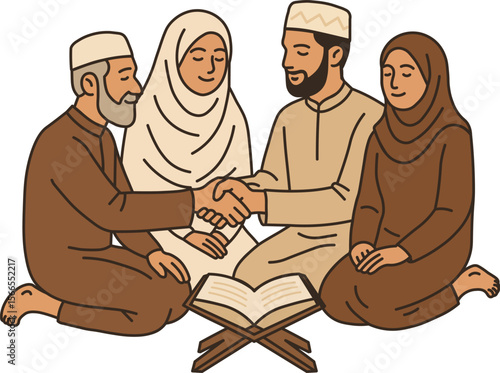 Nikah Ceremony Illustration Traditional Islamic Wedding Ritual Scene with Family and Quran