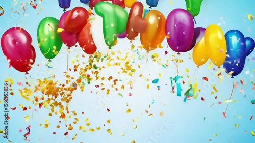 Colorful happy birthday text background displayed with balloons and confetti exploding 