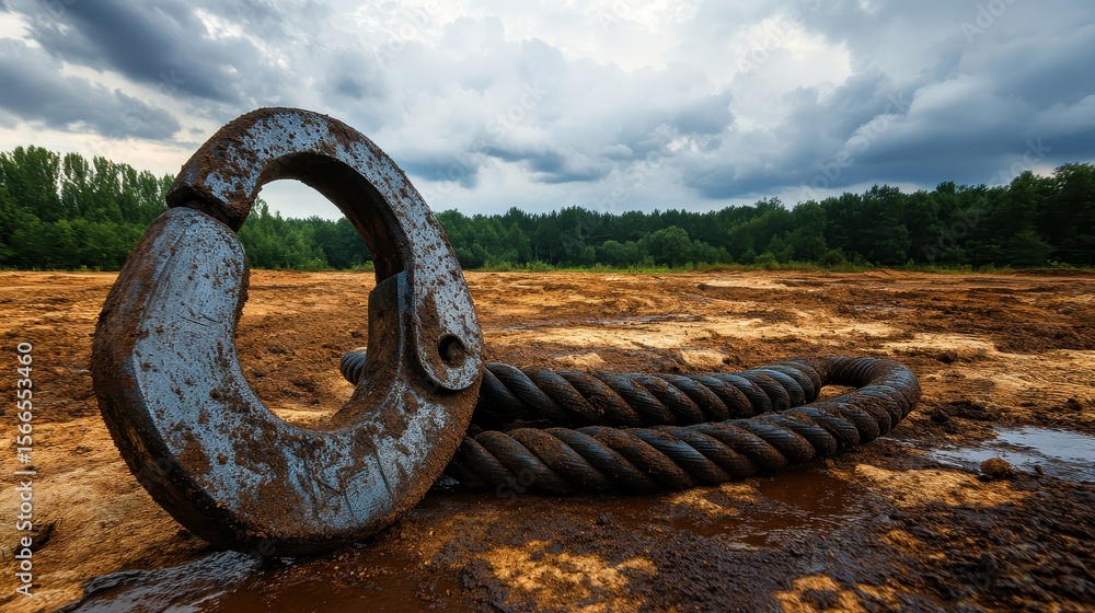 Fototapeta premium Rusty Metal Hook and Thick Rope on Muddy Ground Under Dramatic Sky