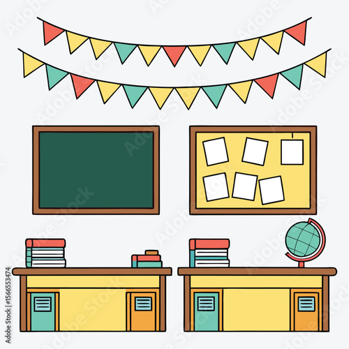 Cartoon classroom scene with desks blackboard bulletin board and festive bunting