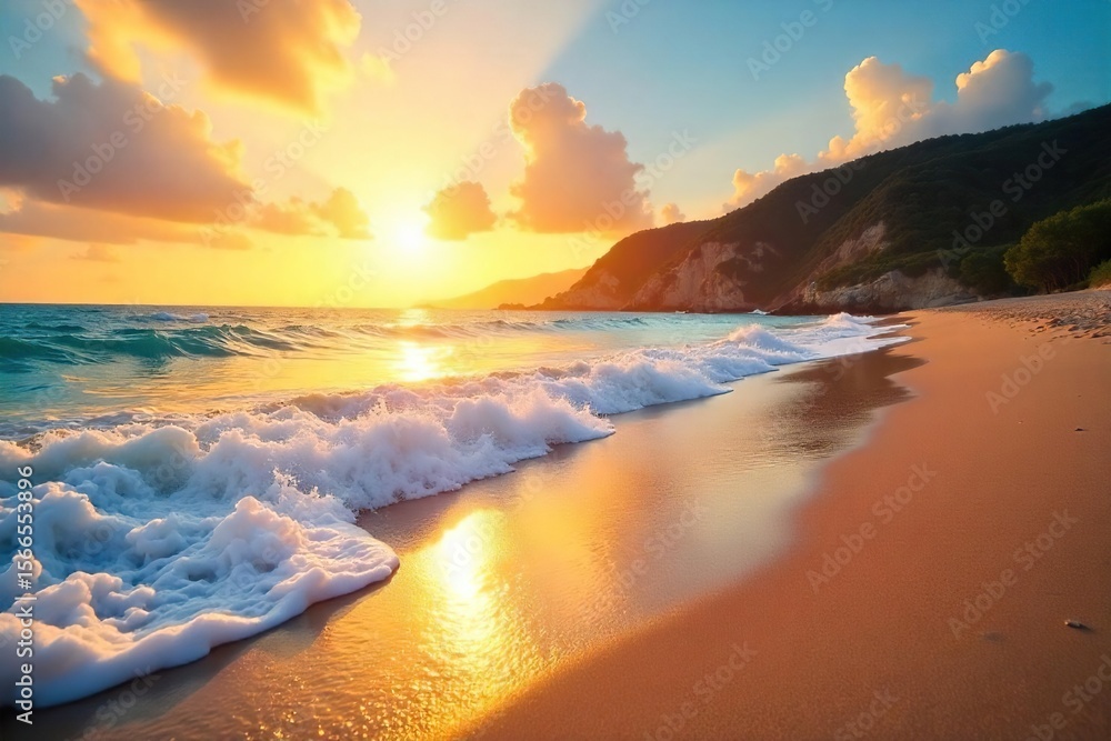 Fototapeta premium Golden Hour Beach Scene Gentle Waves, Vibrant Sand, Perfect for Travel & Vacation Marketing