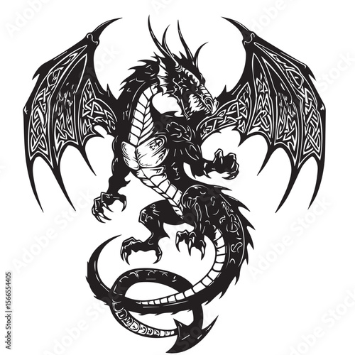 Viking-style dragon in tribal art, bold line illustration, runic and Nordic elements infused in wings and tail, monochrome Adobe Illustrator Artwork