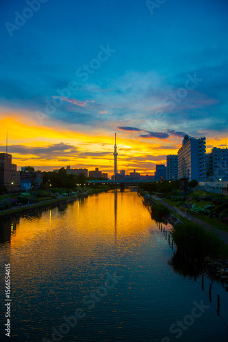 Sunset over the river and Tokyo Skytree