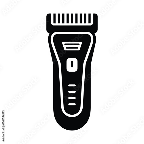 A minimalist black and white icon illustration of an electric shaver