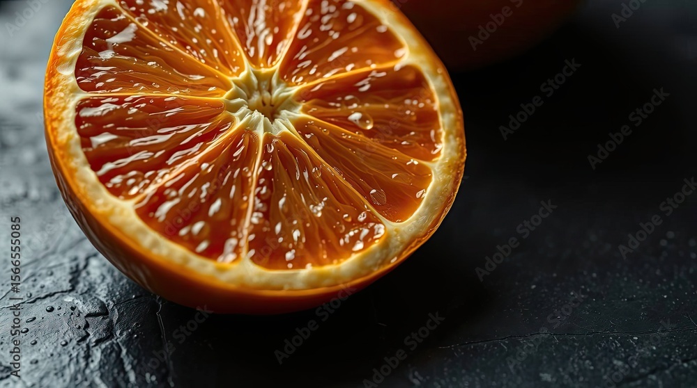 Close-up view of a juicy, cut orange half with water droplets on a dark background Close-up view of a juicy, cut orange half with water droplets on a dark background