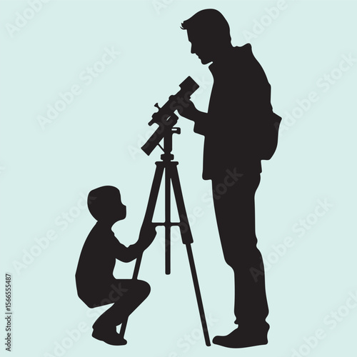 Father and Child Stargazing Silhouette Icon Skywatching Scene