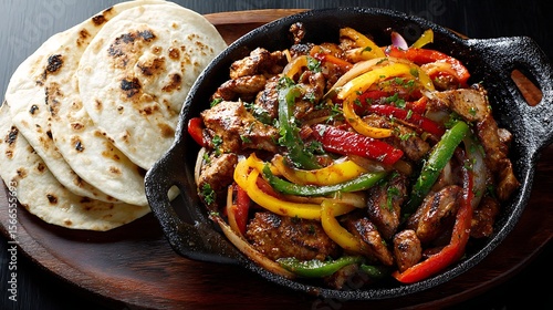 A sizzling fajita skillet served with warm tortillas