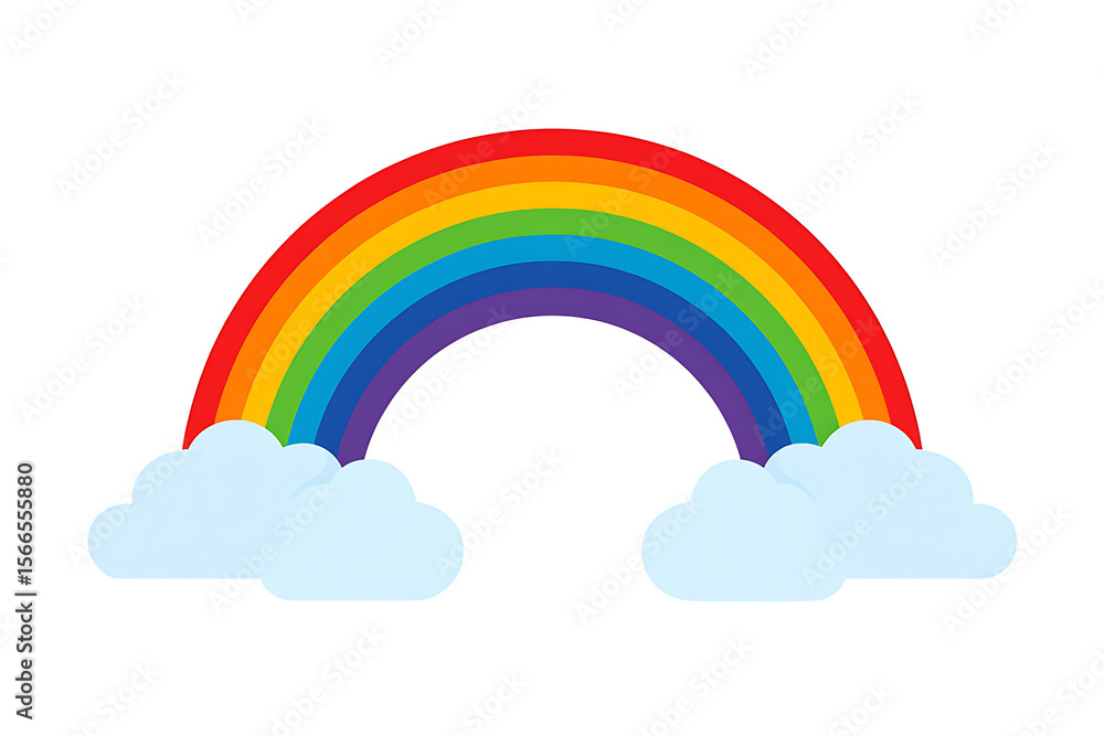 Vibrant rainbow arching across a white background with fluffy clouds Vibrant rainbow arching across a white background with fluffy clouds
