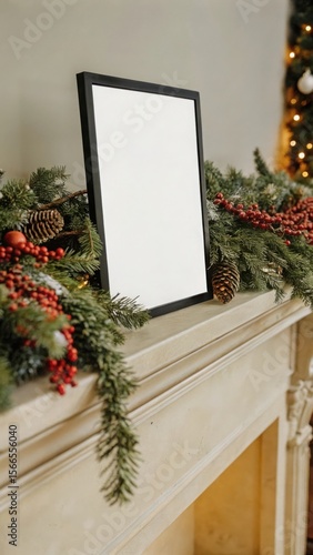 Black framed blank picture on festive mantelpiece image