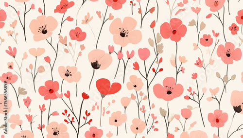 Charming seamless pattern featuring colorful simple flowers in a playful paste style