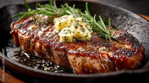 A sizzling steak served with garlic butter and rosemary