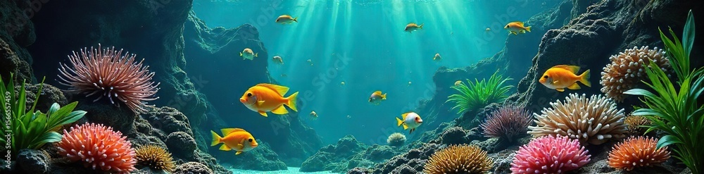 Naklejka premium Vibrant Tropical Fish Swimming in a Lush Aquarium A captivating scene of colorful corals, lively movement, and brilliant hues, perfect for home aquarium enthusiasts and nature lovers.