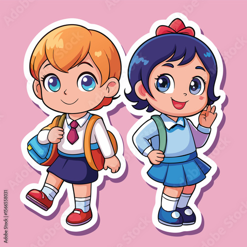 Two adorable cartoon schoolgirls walking to school