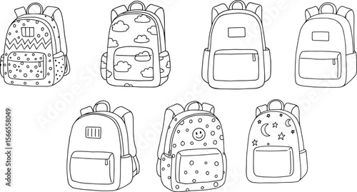 Hand-drawn backpack collection, black and white vector illustration, kids school bags, cute doodle style, blank coloring page design