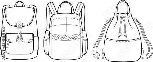 Line art illustration of three modern backpacks, minimalist technical sketch style, fashion accessory design, editable outline for branding.