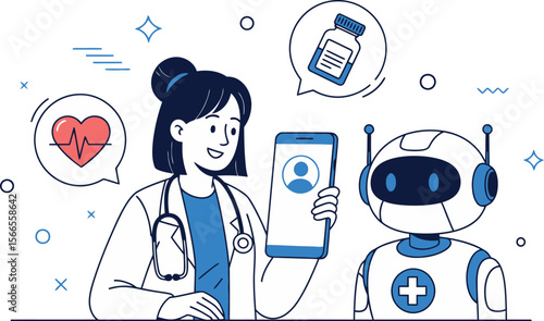 Doctor and Robot Interacting with Digital Health Technology. AI Assistant in Telemedicine Consulting. Modern Healthcare, Smart Medicine, and Medical Innovation Concept Vector Illustration