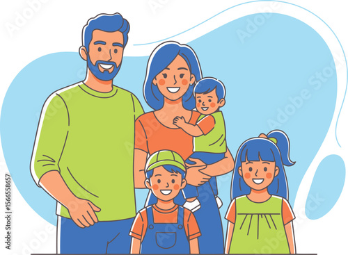 Smiling Happy Family Portrait with Parents, Young Son, Daughter, and Baby in Modern Flat Design Style Vector Illustration