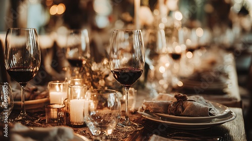 A table setting with wine glasses, candles, and folded napkins