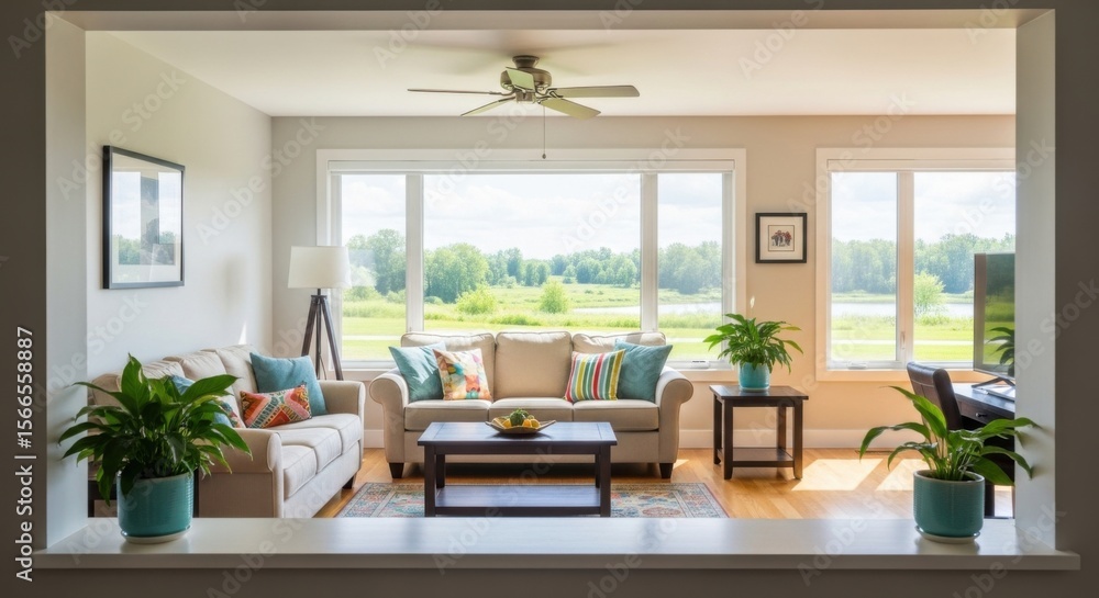 Fototapeta premium Viewing Living Room with Sofas and Nature Through Partition