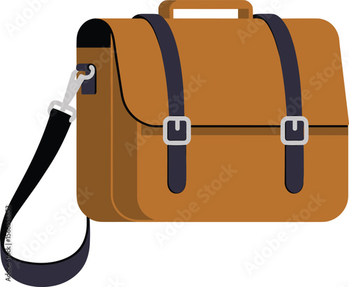 Minimalist brown leather satchel illustration with black strap, vector shoulder bag icon, modern messenger bag design isolated on white